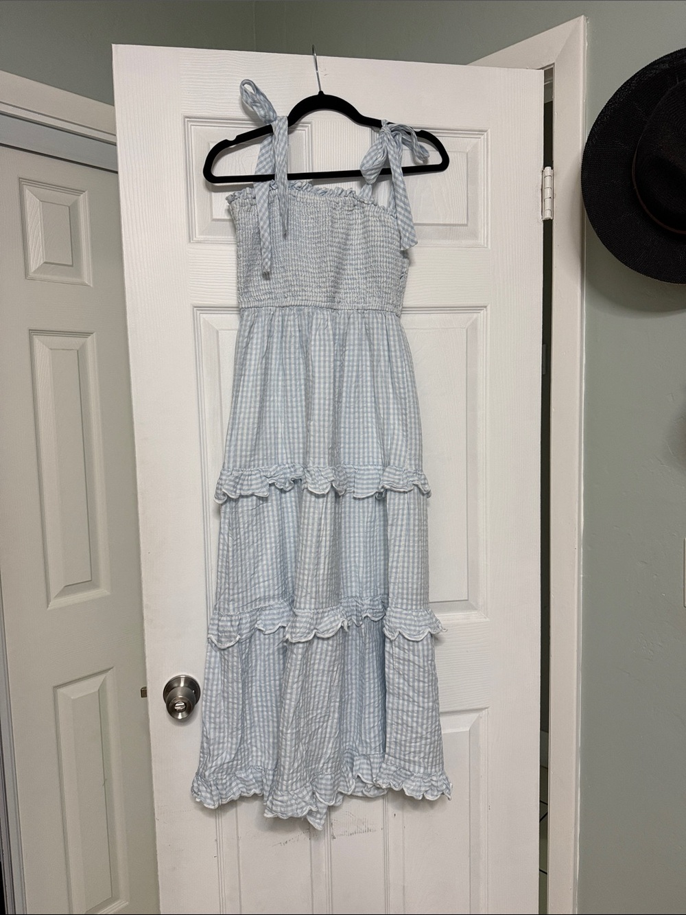 Light Blue Gingham Tiered Sundress with Tie Straps by Y.A.S